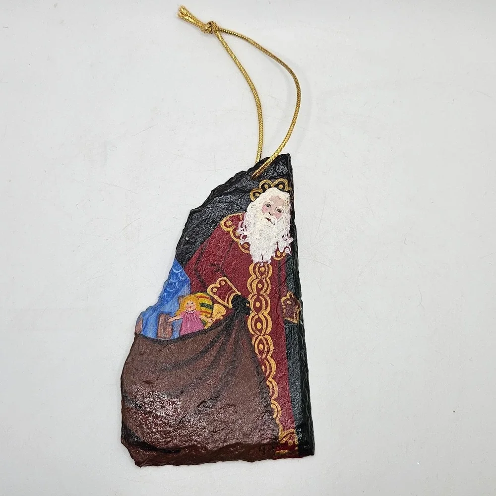 VTG Hand Painted Slate Santa‎ Christmas Ornament Rustic Folk Art Ornament Decor